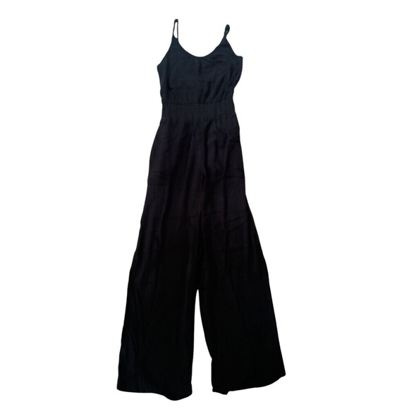 prAna Fernie Jumpsuit Womens XS Black Smocked Waist Crinkled Relaxed Wide Leg - Picture 9 of 10
